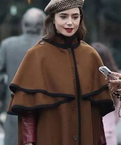 Lily Collins Cape Brown Coat