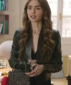 Emily In Paris Lily Collins Black Leather Jacket
