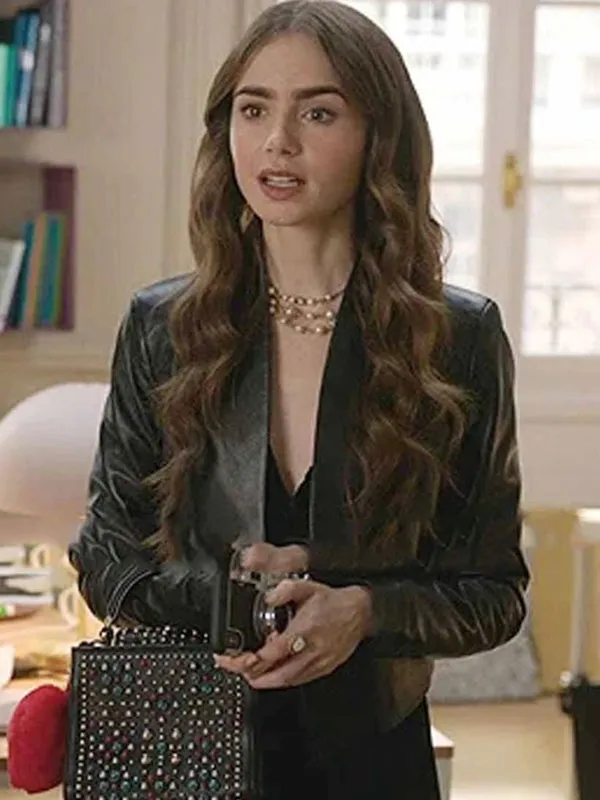 Emily In Paris Lily Collins Black Leather Jacket