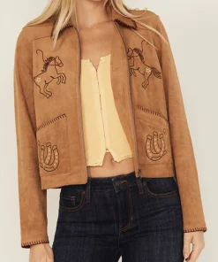 Women's Rodeo Embroidered Brown Suede Jacket