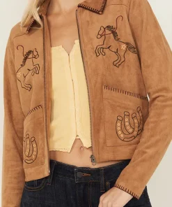 Women's Rodeo Embroidered Brown Suede Jacket For Women