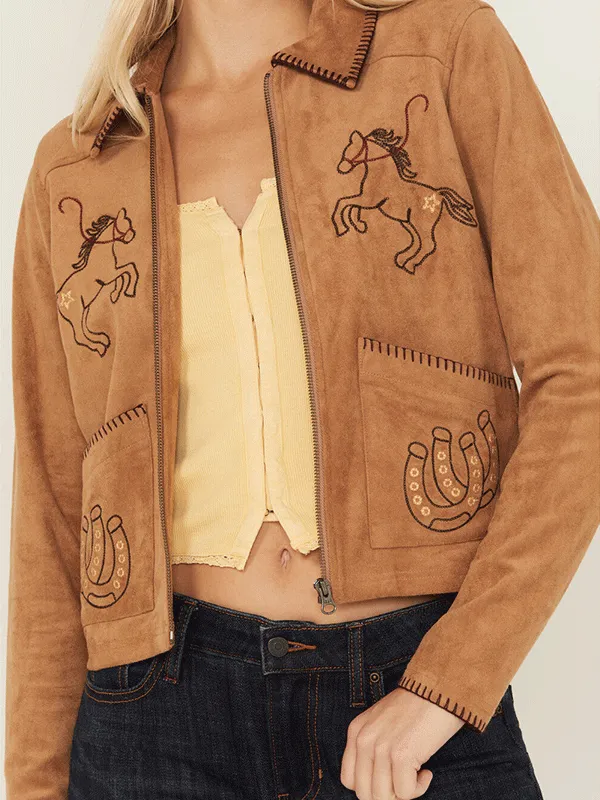 Women's Rodeo Embroidered Brown Suede Jacket For Women