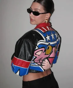 Hailey Bieber 90s Vintage Pink Panther Leather Jacket