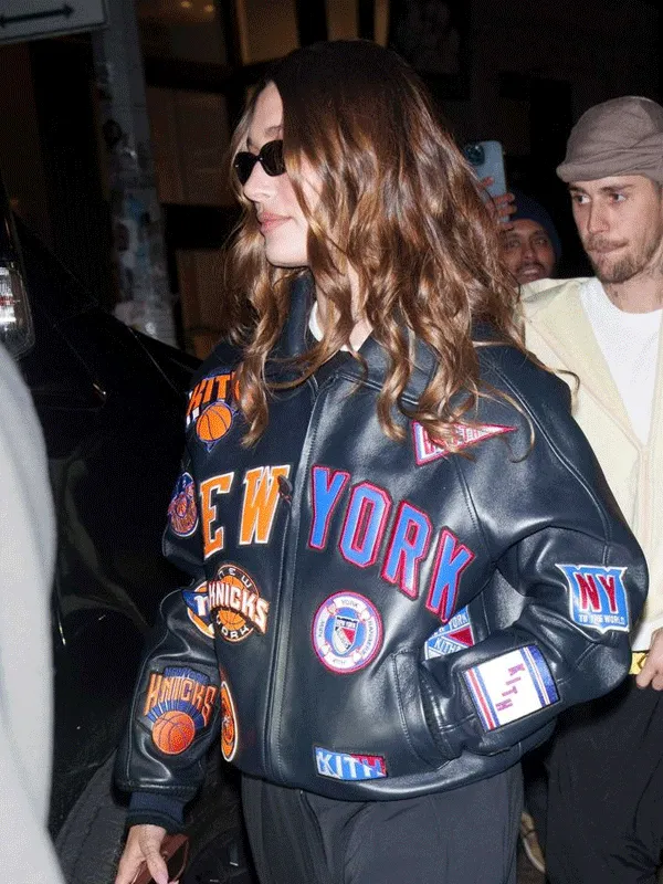 New York Knicks 2025 Hailey Bieber Black bomber Leather jacket