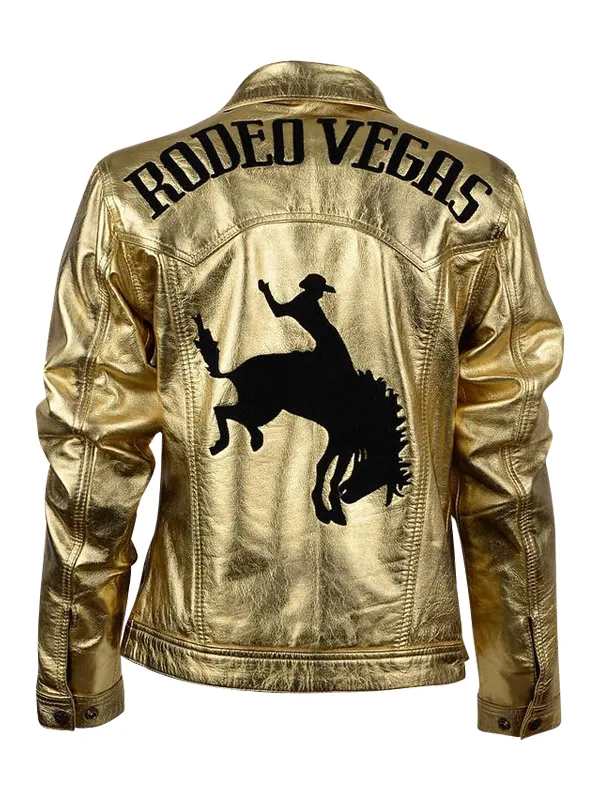 Rodeo Vegas Gold Metallic Unisex Leather Varsity Jacket For Rodeo Fans