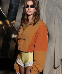 Hailey Bieber Paris Fashion Week 2025 Orange Anorak Windbreaker Jacket