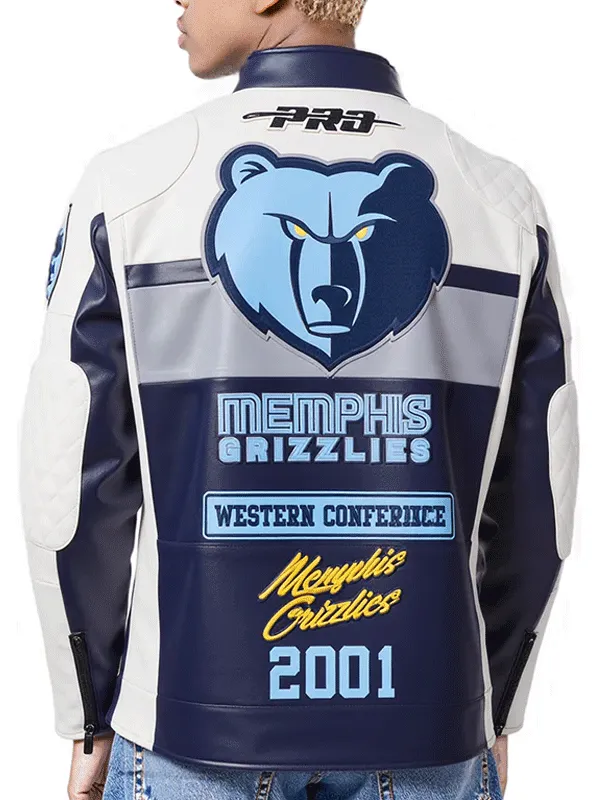 NBA 2025 Team Memphis Grizzlies Unisex White and Blue Moto Leather Jacket