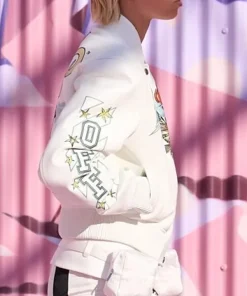 POP ROMANCE x OFF White New York Liberty Unisex Letterman Leather Bomber Jacket