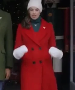 A Christmas Angel Match 2025 Meghan Ory Womens Red Wool Trench Coat For Christmas Party