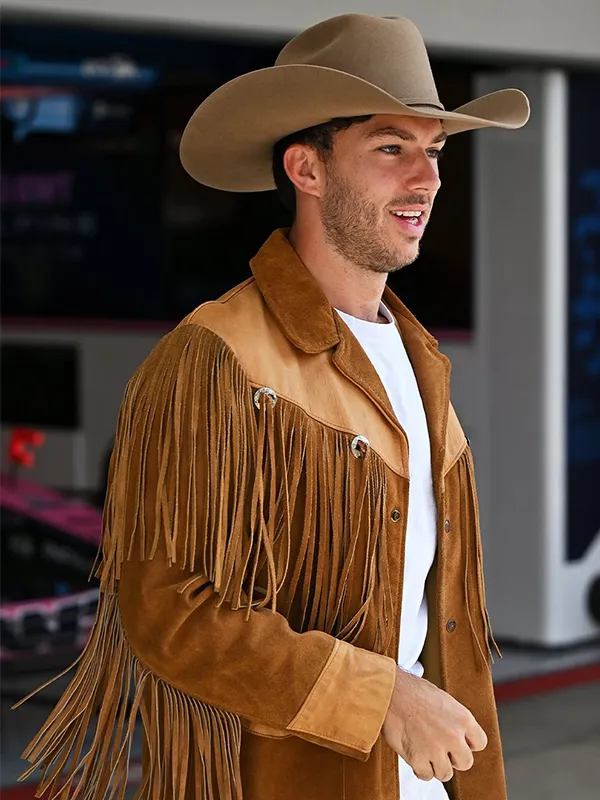 BWT Alpine Formula One Team Pierre Gasly Cowboy Style Unisex Brown Fringe Leather Jacket