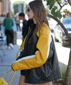 Hailey Bieber Oversized Unisex Black and Yellow Leather Racing Jacket