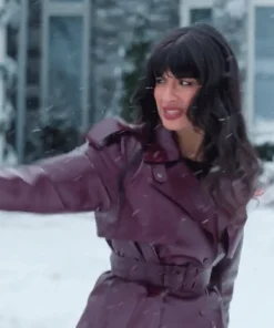 Jameela Jamil Movie A Merry Little Ex-Mas 2025 Tess Burgundy Leather Coat
