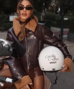 Ridin’ ROMA, IT Camila Coelho Brown Cropped Shearling Leather Jacket For Women