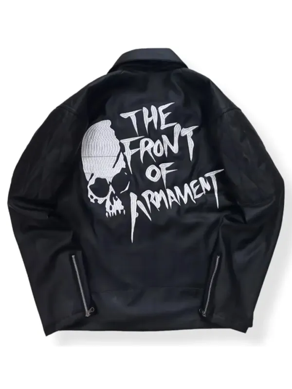 The Front of Armament Fifth Generation 2025 Unisex Black Leather Biker Jacket