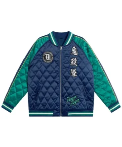 Demon Slayer Kimetsu no Yaiba Tanjiro Kamado Unisex Blue and Green Souvenir Quilted Bomber Jacket