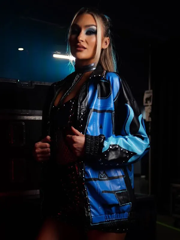 Izzi WWE NXT Franki Carissa Black and Blue Studded Leather Jacket