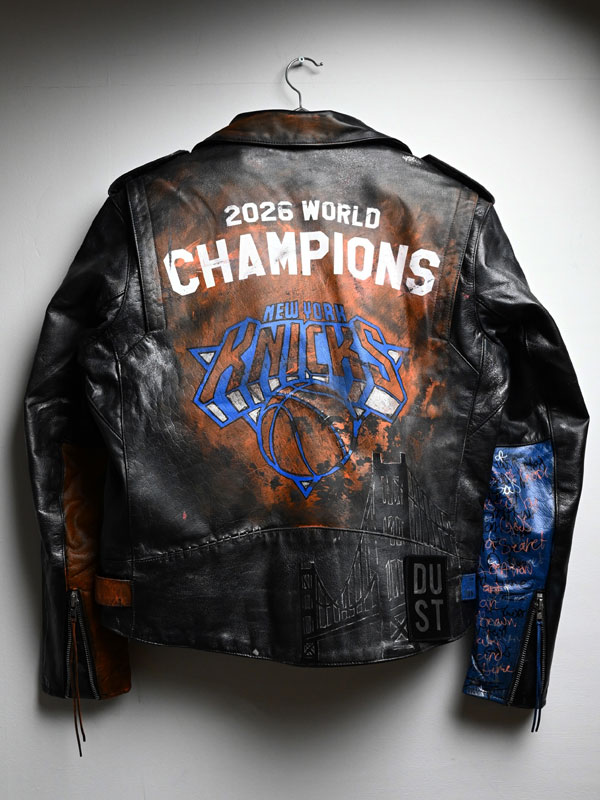 NBA Eastern Conference Finals 2026 World Champions New York Knicks Dusted Unisex Black Biker Jacket