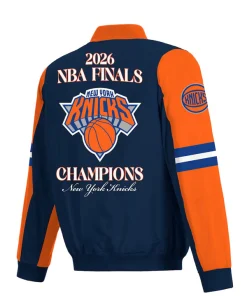 NBA Finals Champions 2026 New York Knicks Unisex Blue and Orange Nylon Bomber Jacket