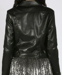 Rodeo Bourbon Cowgirl Rhinestones Embellished Black Biker Leather Jacket