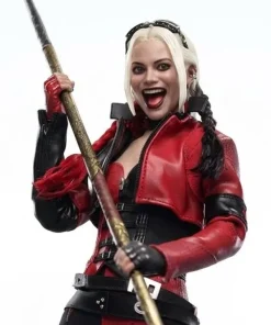 Suicide Squad Movie Harley Quinn Red and Black Cropped Leather Jacket