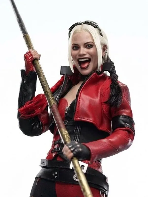 Suicide Squad Movie Harley Quinn Red and Black Cropped Leather Jacket